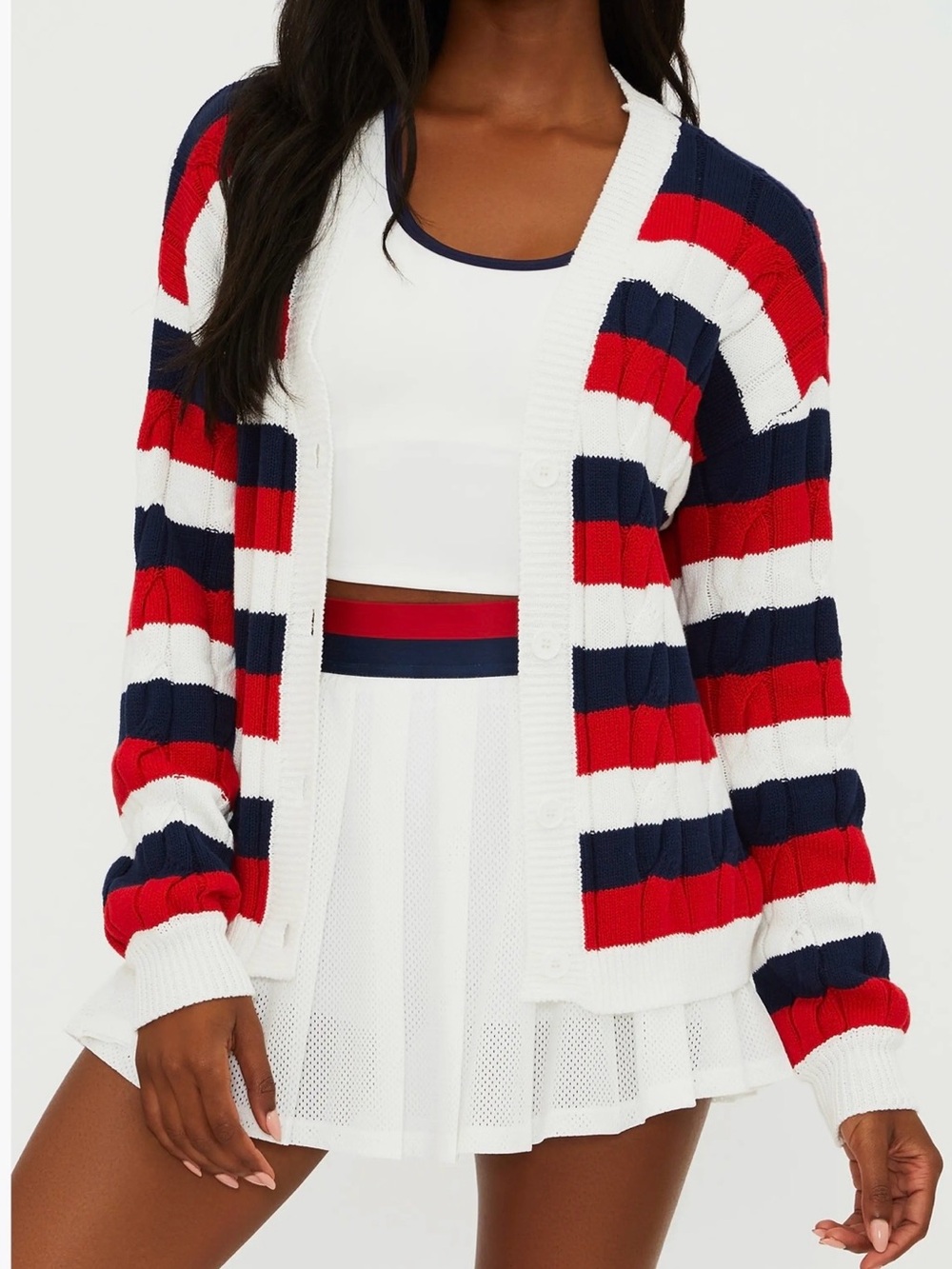 Beach Riot Sherry Striped Red Navy White Cable Knit Cardigan Sweater